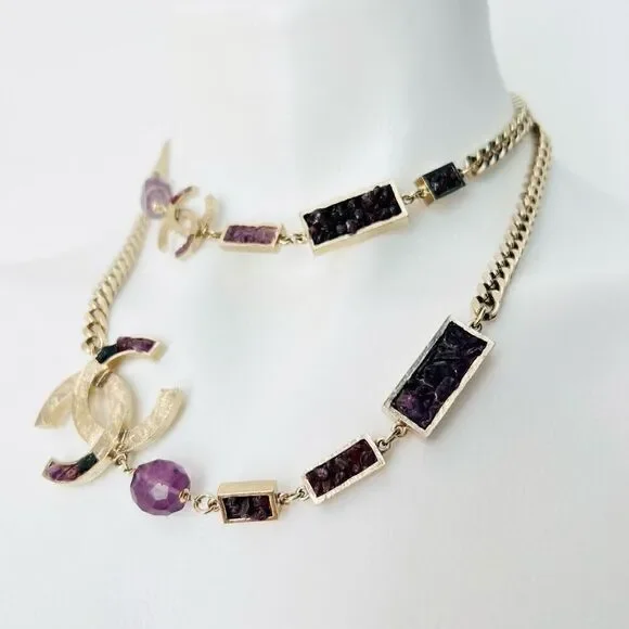 Chanel Y2K Gold Metal and Amethyst Curb Link Necklace Authentic - Picture 2 of 16